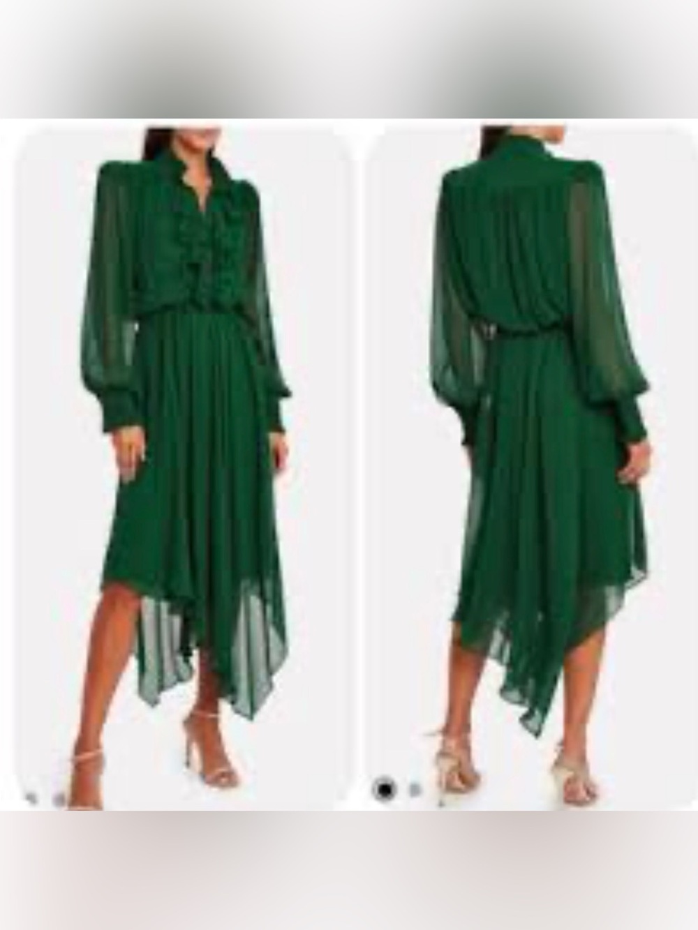 Divine Heritage silk dress emerald green hue, sheer long balloon sleeves size S